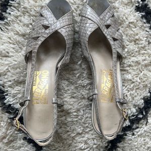 Salvatore Ferragamo heeled sandal. Snake print leather. Size 9 AAA.